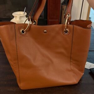 Classic Tan Leather Tote Bag with Gold Hardware